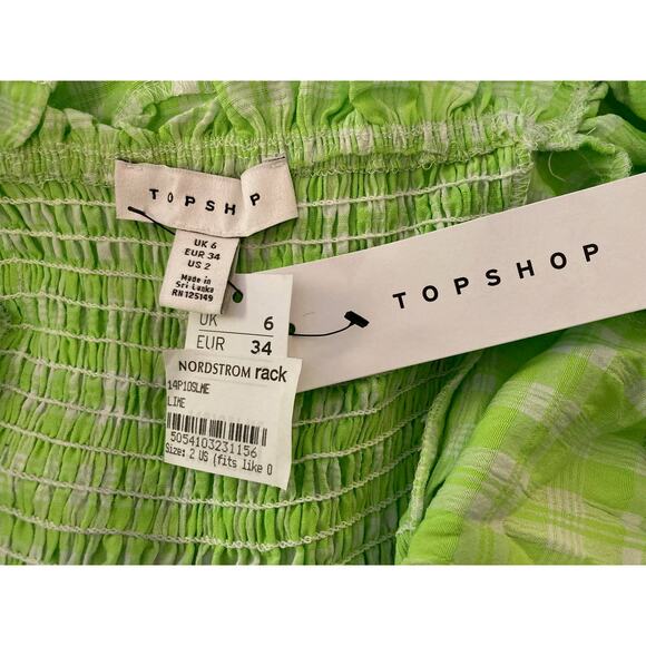 Topshop Ruched Bow Front Scoop Neck Puff Sleeve Romper US Size 2 Lime Plaid NWT - Picture 6 of 7
